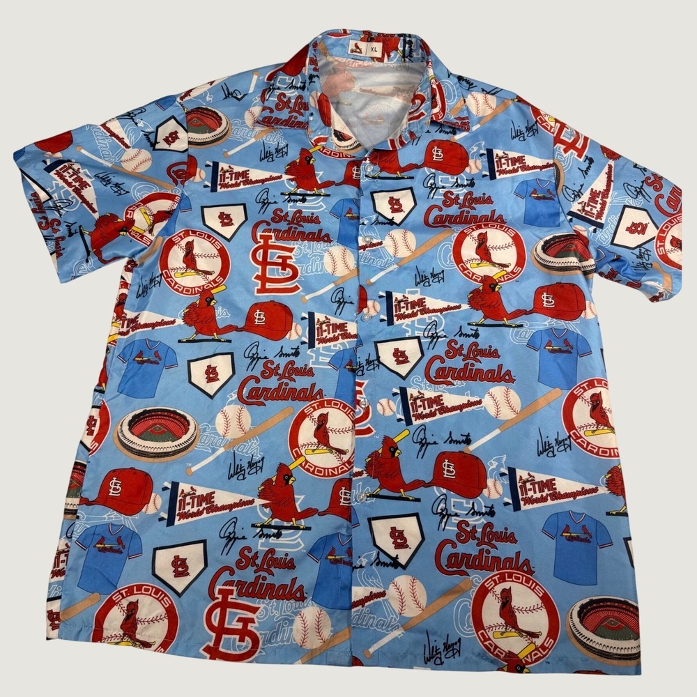 St. Louis Cardinals Button Down Shirt XL Blue MLB All Over Print Facsimile Sig